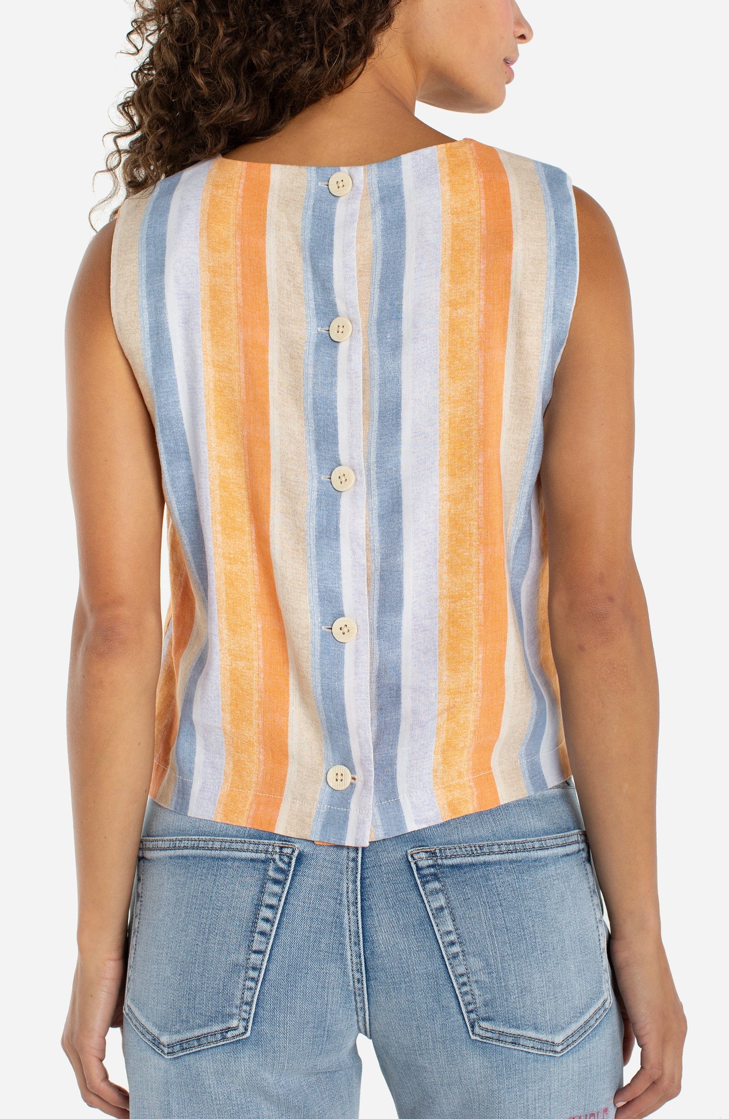 Sleeveless Shell with Button Back - Multi Stripe Print