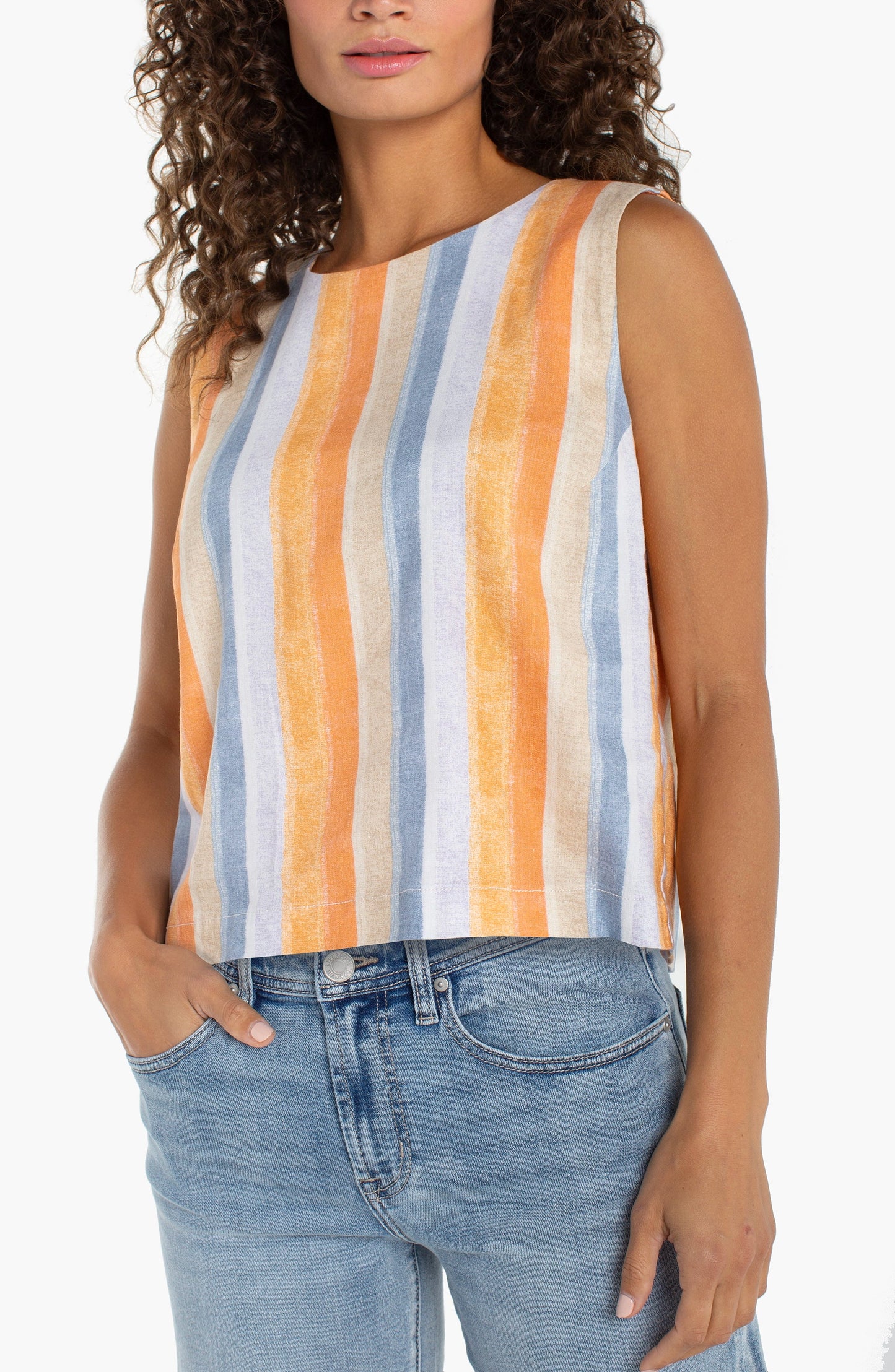 Sleeveless Shell with Button Back - Multi Stripe Print