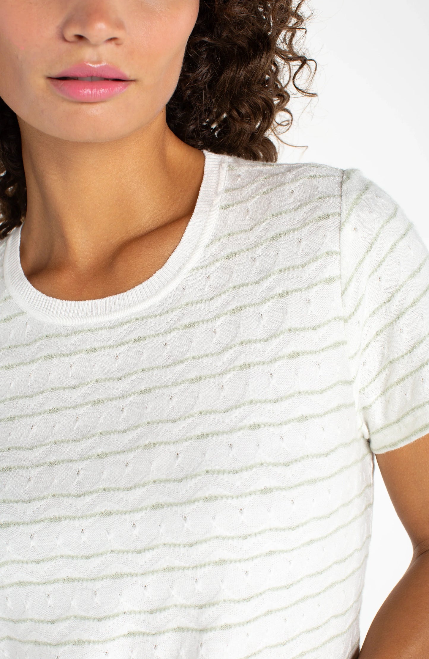 Short Sleeved Tee with Ribbed Trim - Bone/Matcha Green Stripe