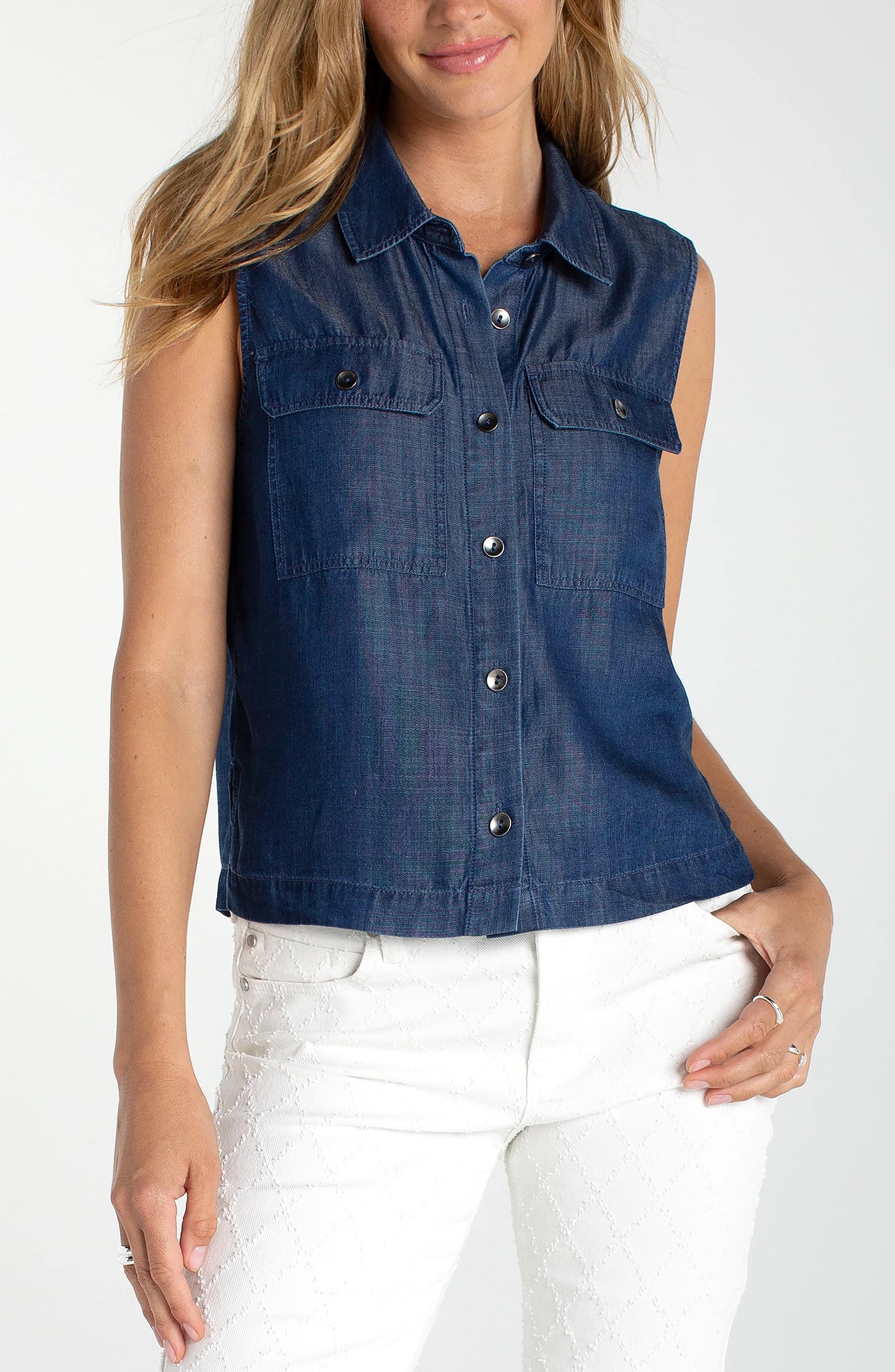 Sleeveless Button Front Top with Pockets - Serene Dark