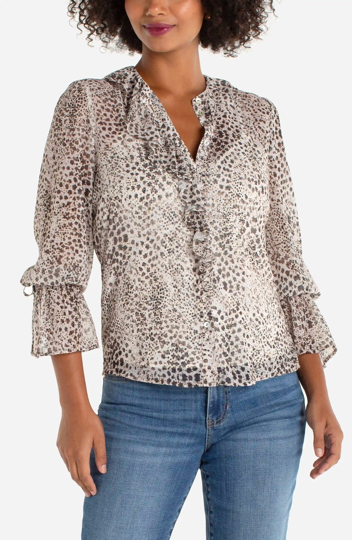 Long Sleeve Ruffle Front Top - Brown Animal Print