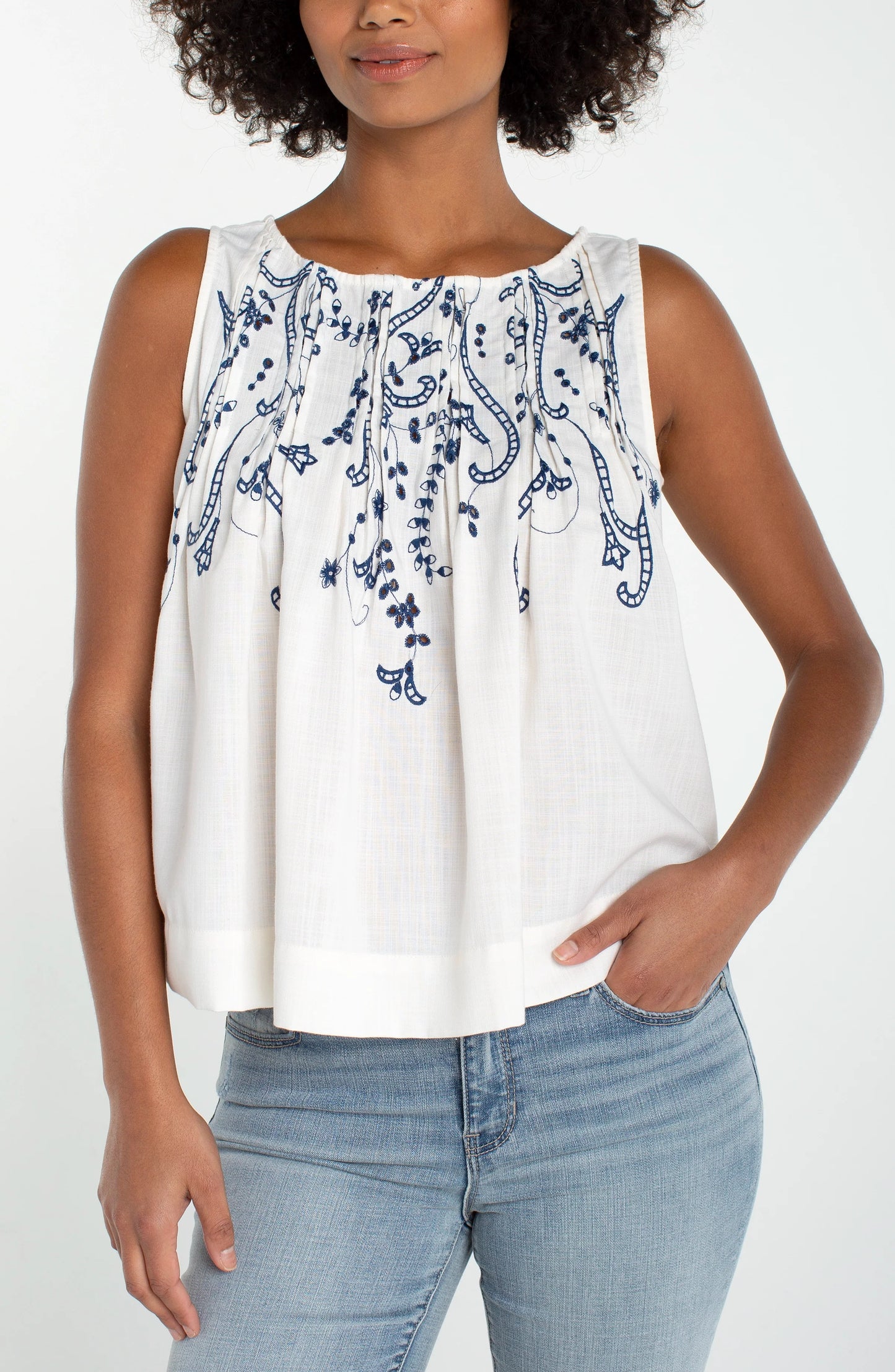 Sleeveless Boat Neck Top with Pintucks - Cream