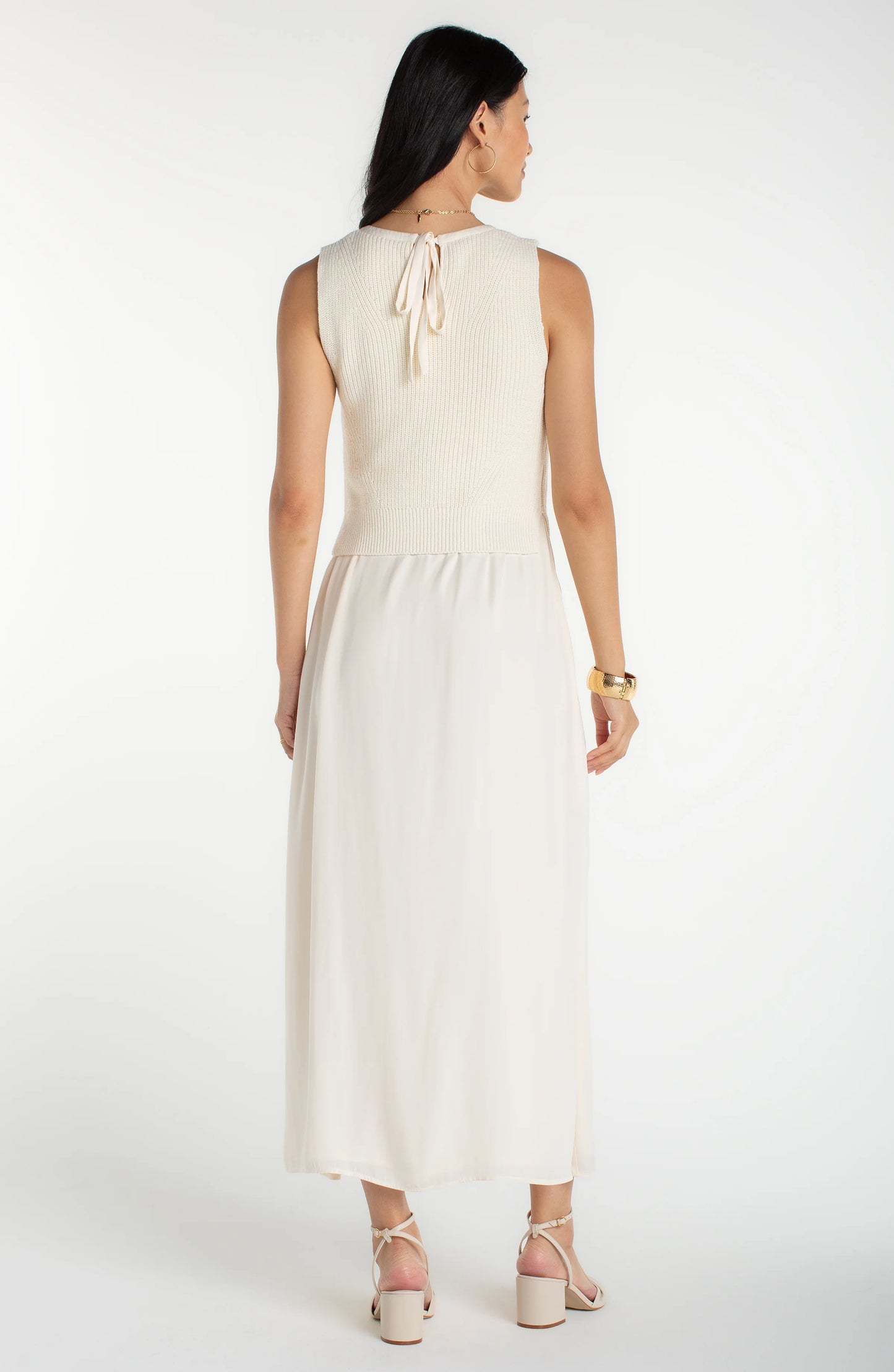 Sleeveless Woven Dress with Knit Bodice - Cream