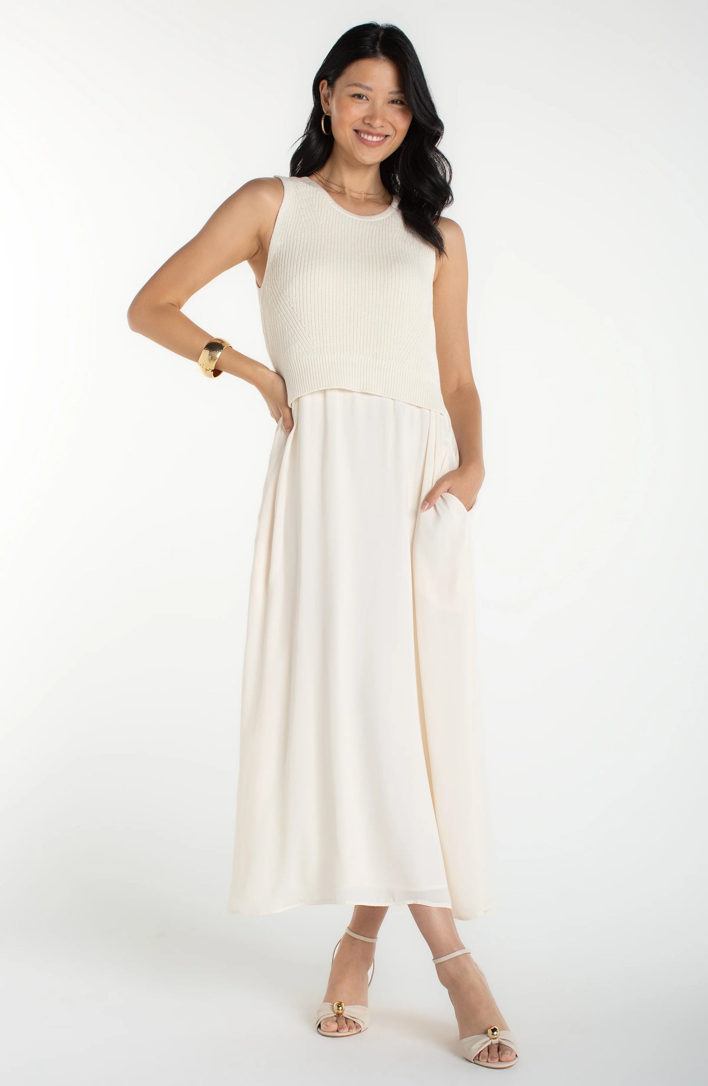 Sleeveless Woven Dress with Knit Bodice - Cream
