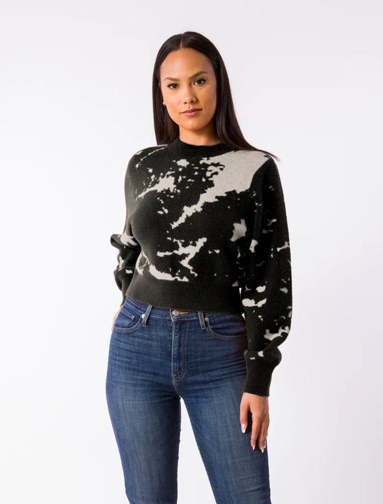 Crew Neck Pullover Sweater with Carrara Marble Abstract Pattern - Black/Ecru