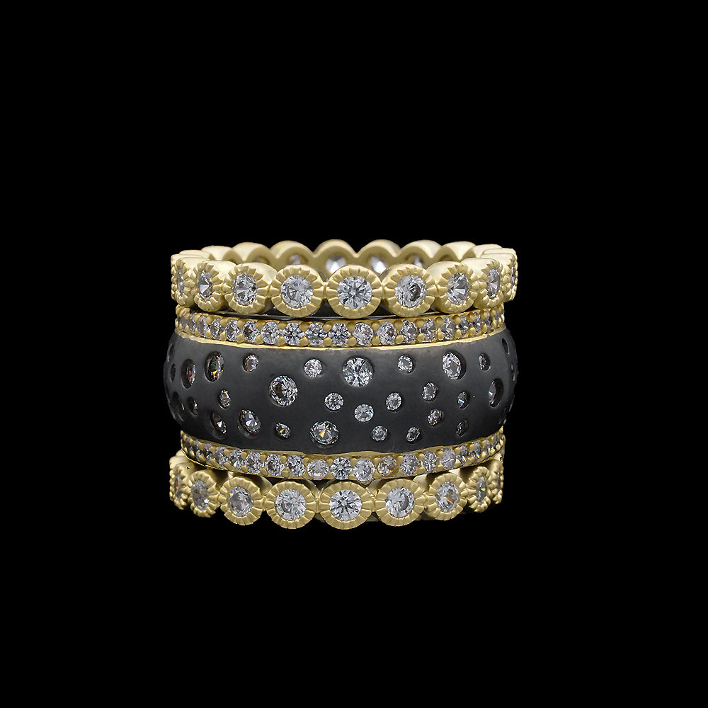 Wide Black Ring with Gold Edges & CZs