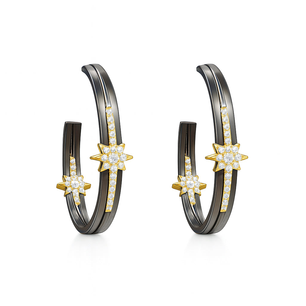 Black with Gold Starbursts Stud Hoop Earrings