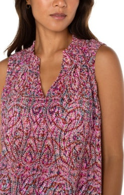 Sleeveless Tee with Smocked Neck - Paisley Multi
