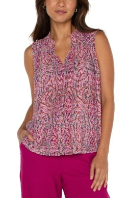 Sleeveless Tee with Smocked Neck - fch Paisley Multi