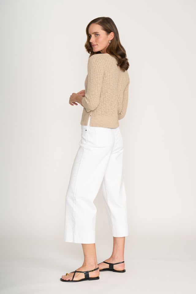 Boat Neck Sweater with 3/4 Sleeves - Sand