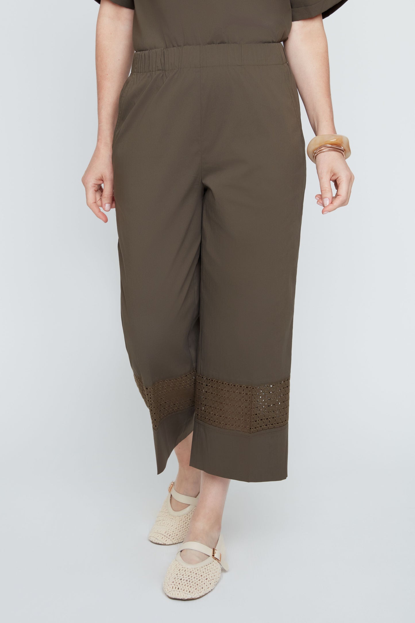 Wide Leg Pants with Elastic Waist - Khaki