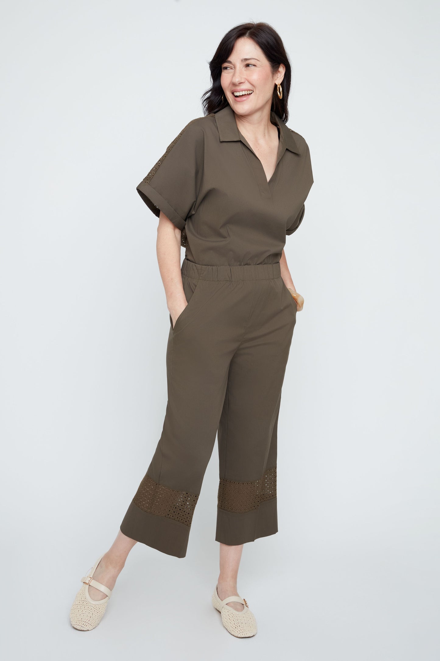 Wide Leg Pants with Elastic Waist - Khaki