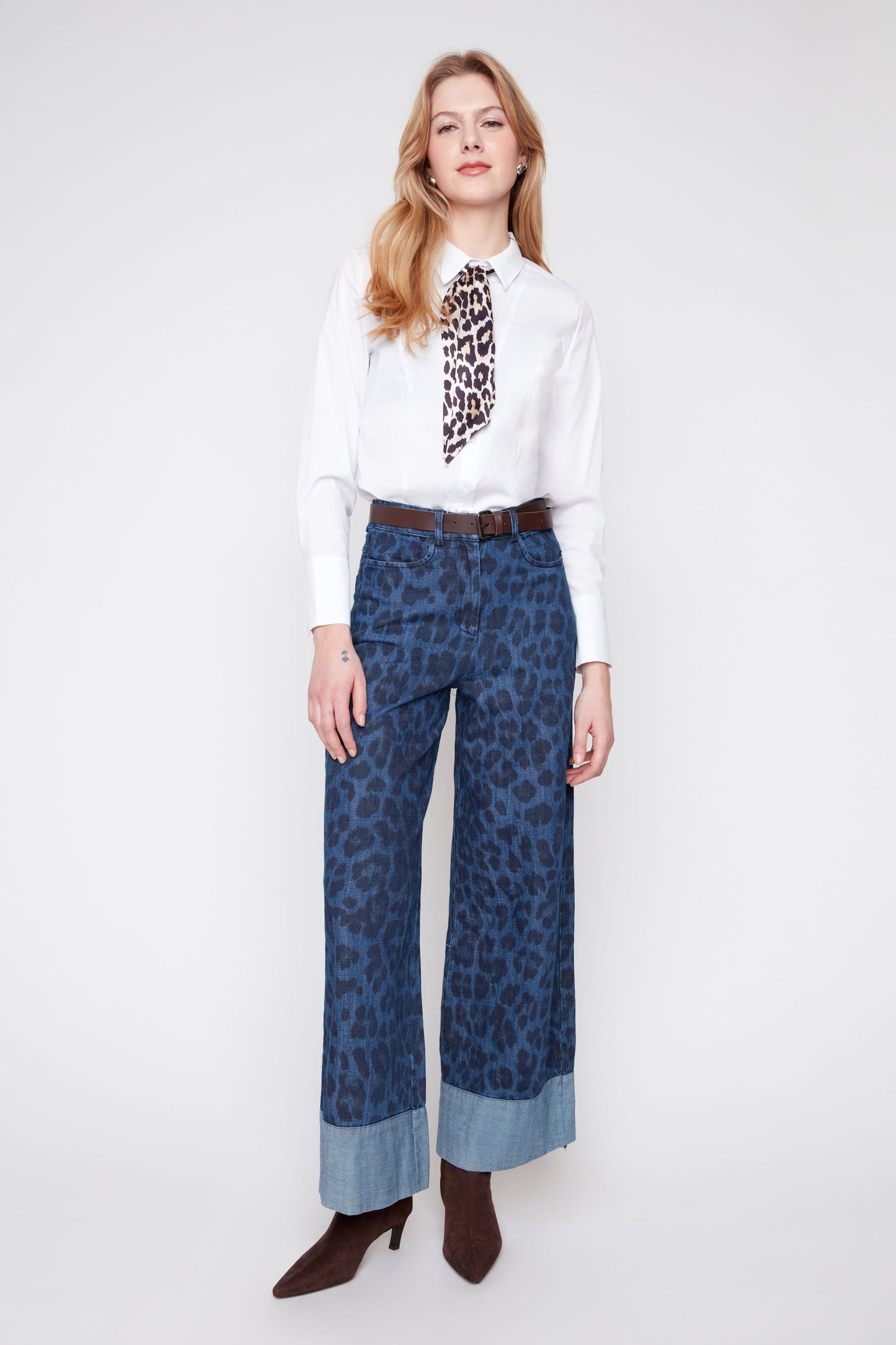 Cheetah Denim Wide Leg Jeans with Belt - Indigo