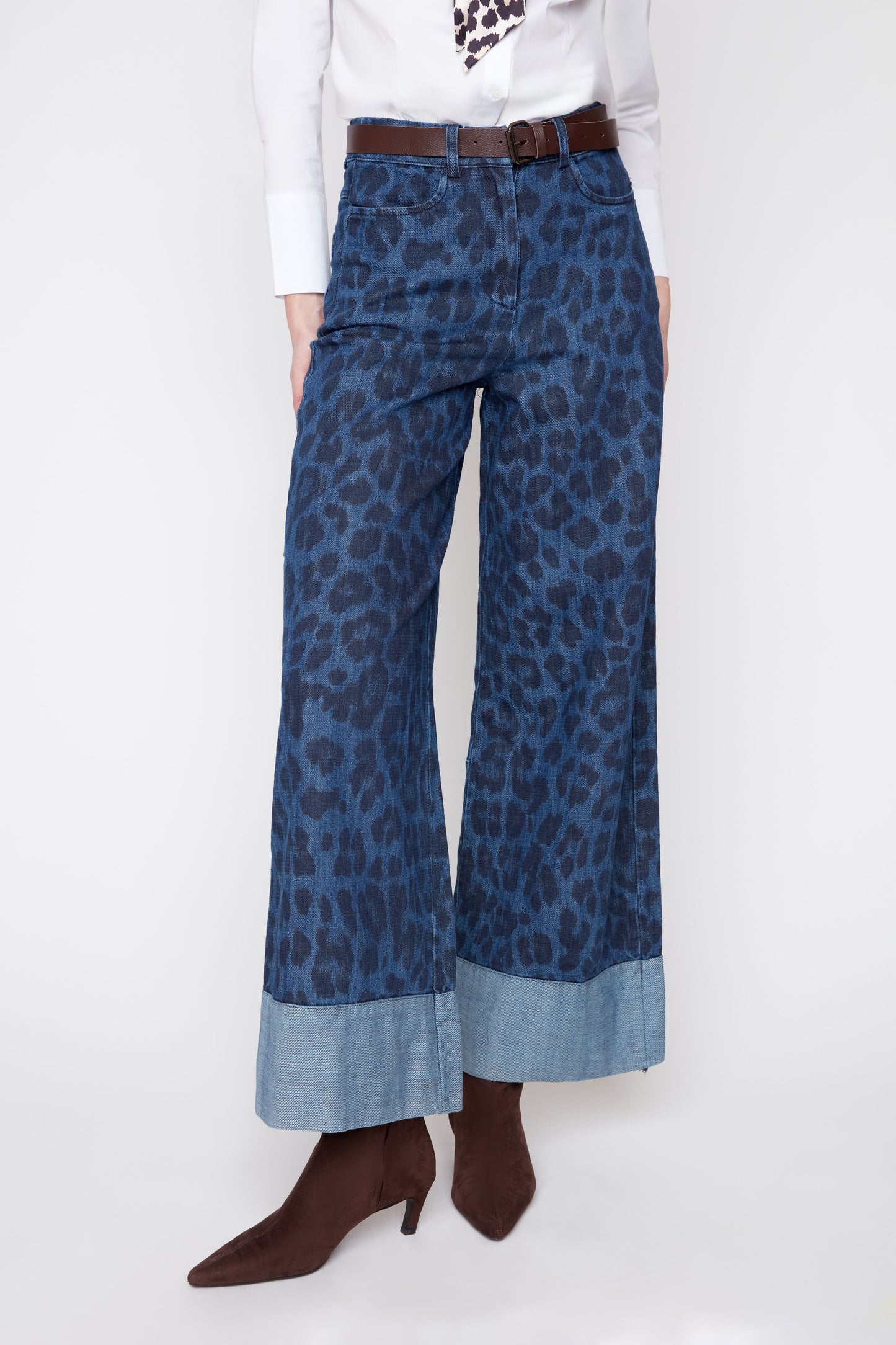 Cheetah Denim Wide Leg Jeans with Belt - Indigo