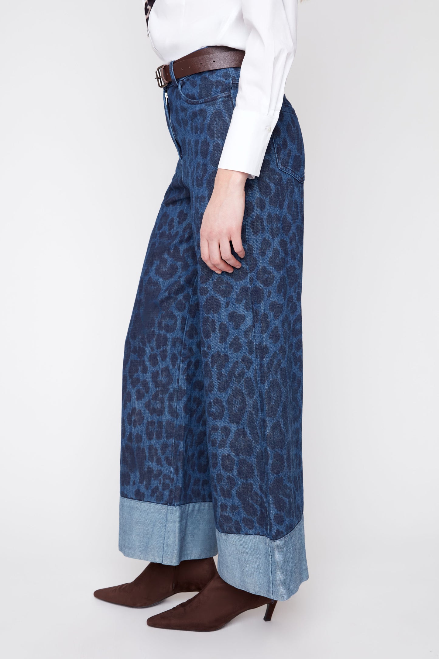 Cheetah Denim Wide Leg Jeans with Belt - Indigo