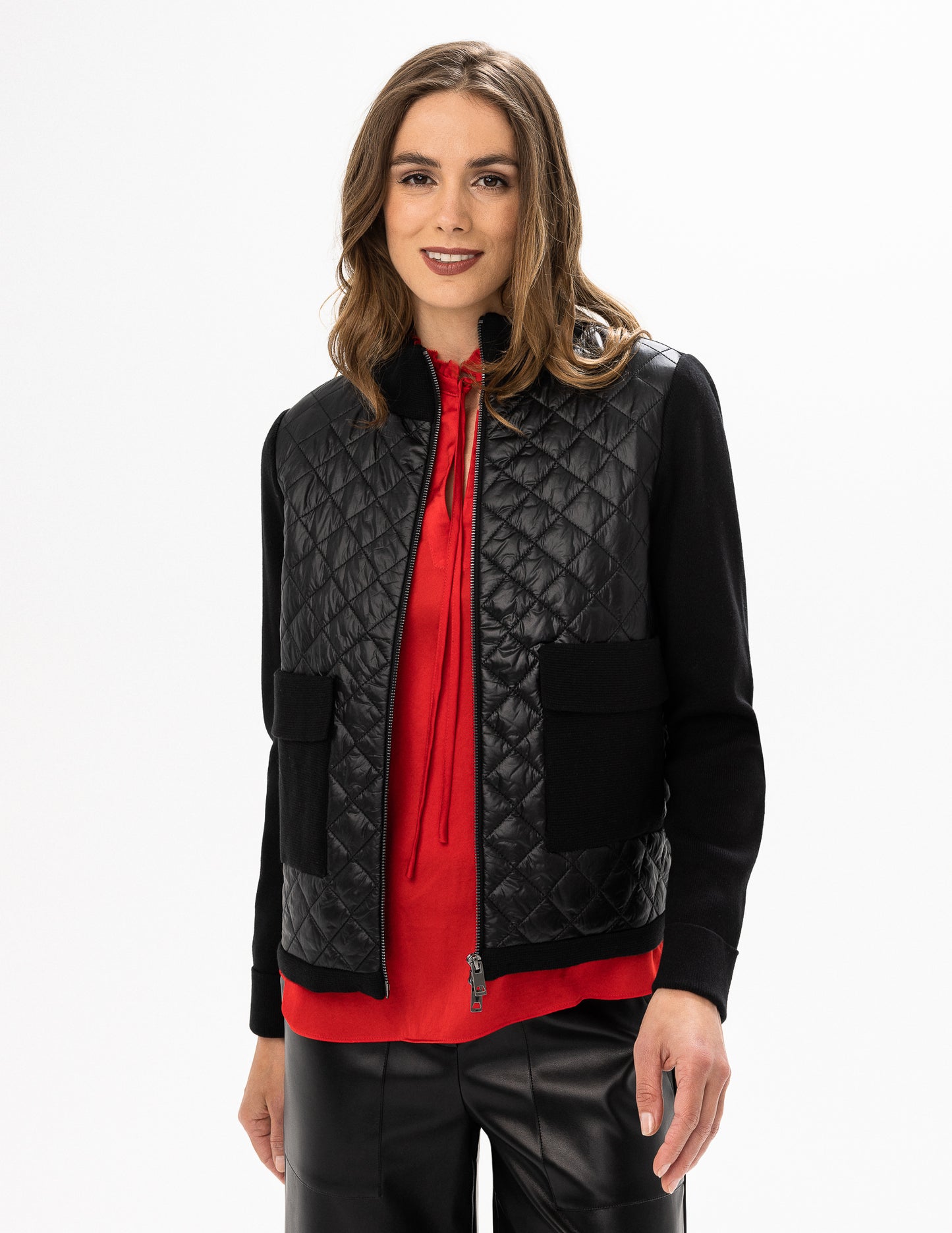 Quilted Jacket with Knit Sleeves - Black