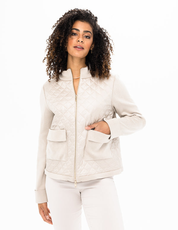 Quilted Jacket with Sweater Sleeves - Bone