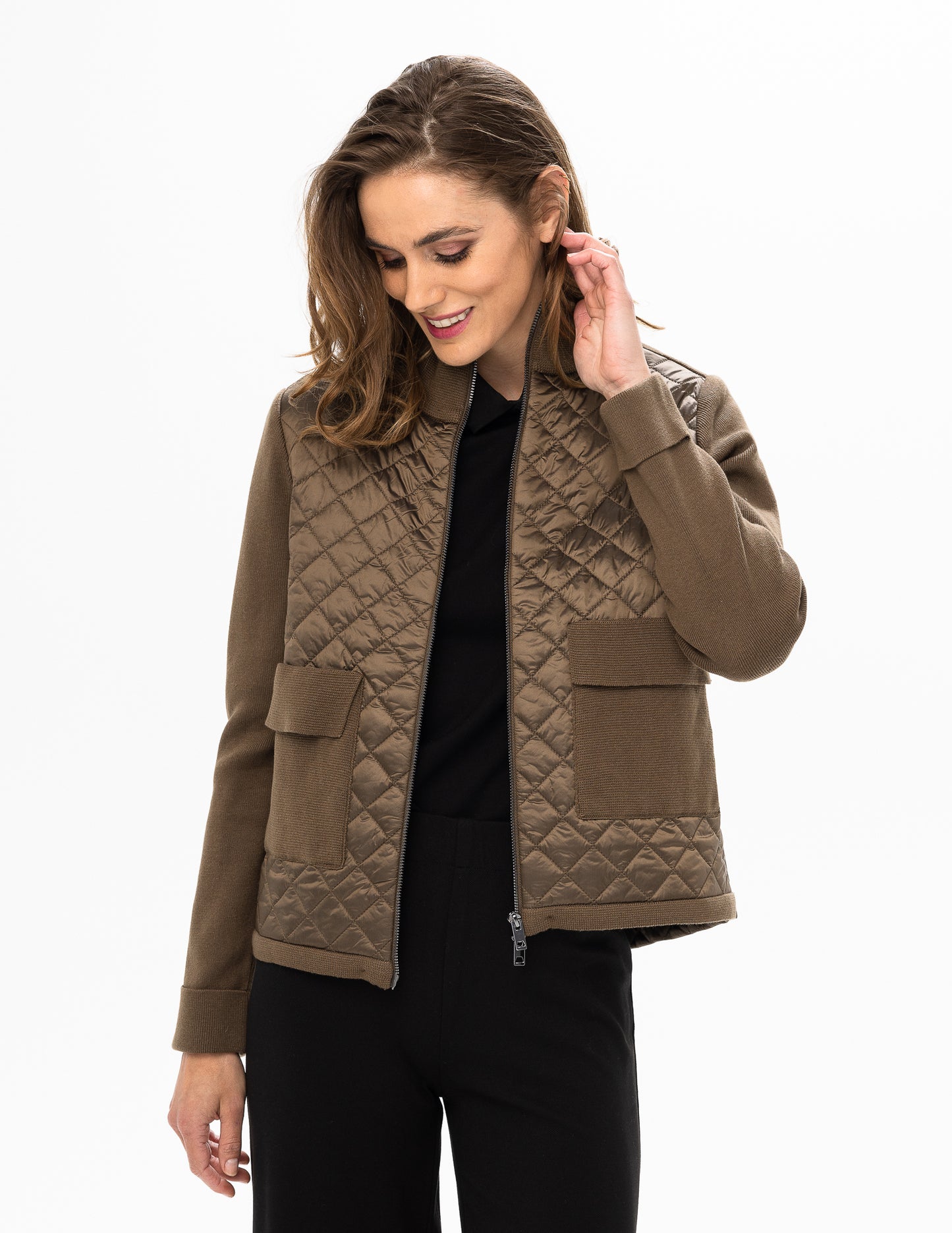 Quilted Jacket with Knit Sleeves - Chocolate