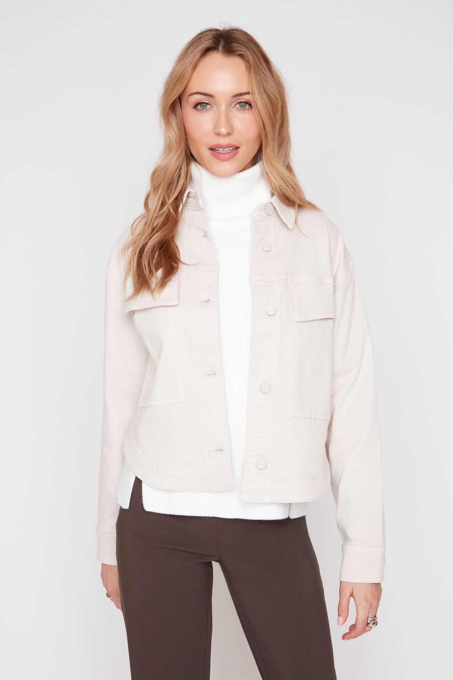 Button Front Tencel Jacket with Patch Pockets - Oyster
