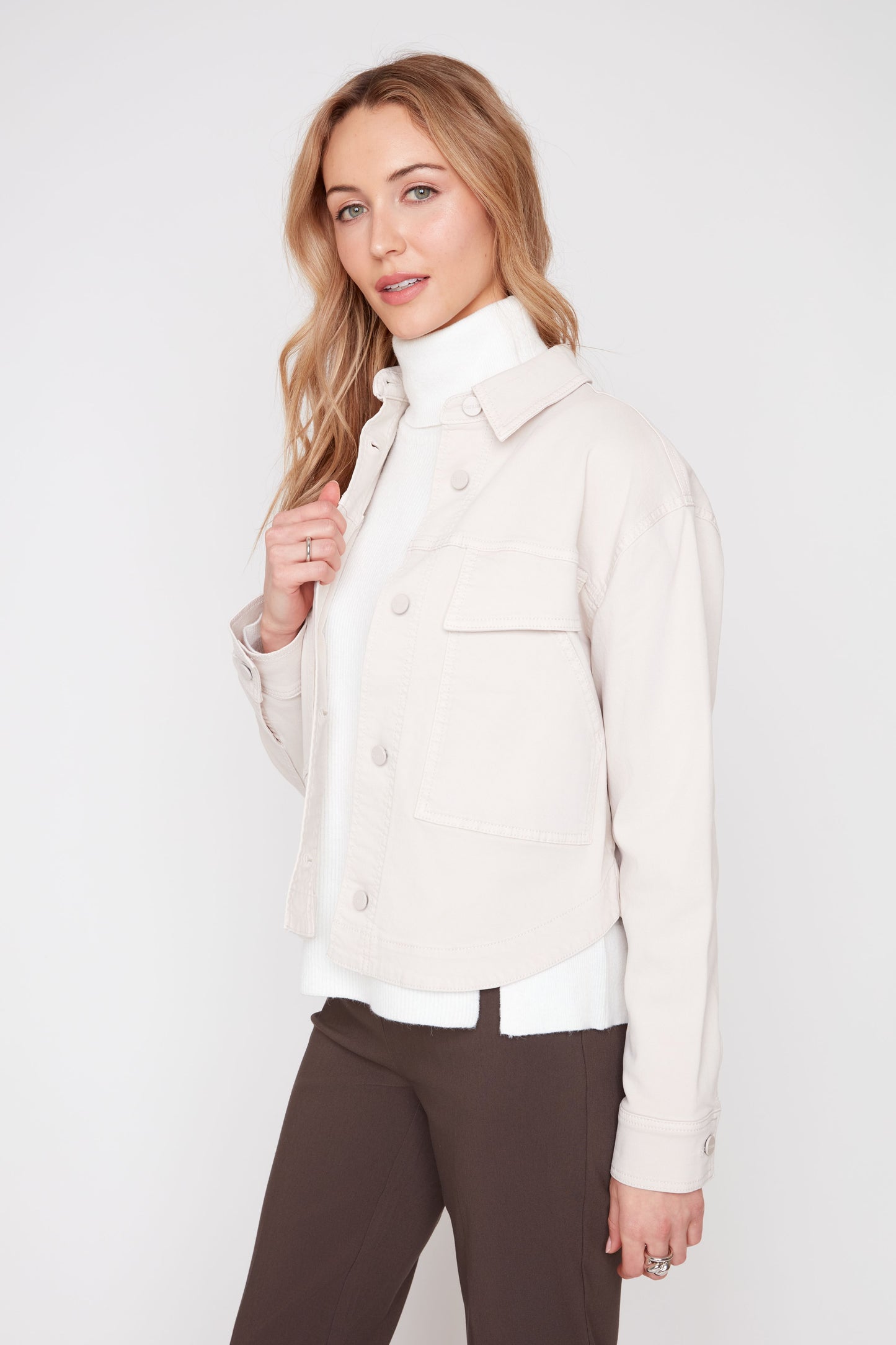 Button Front Tencel Jacket with Patch Pockets - Oyster