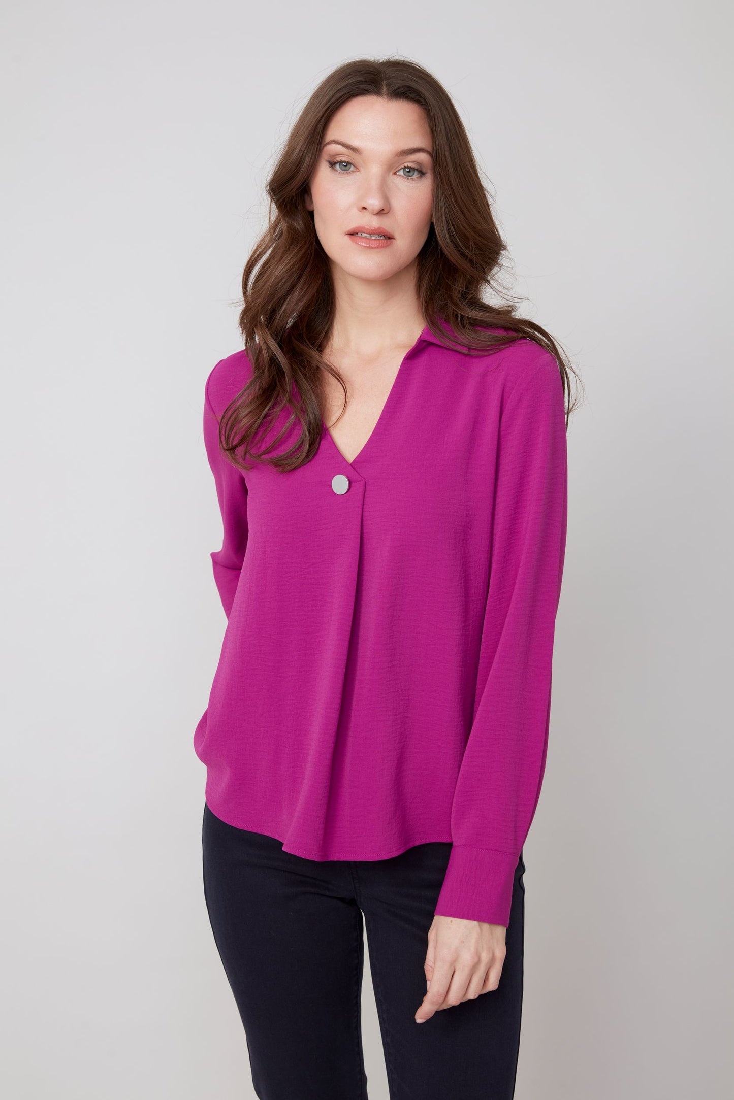 V-Neck Top with One Button Closure - Plum