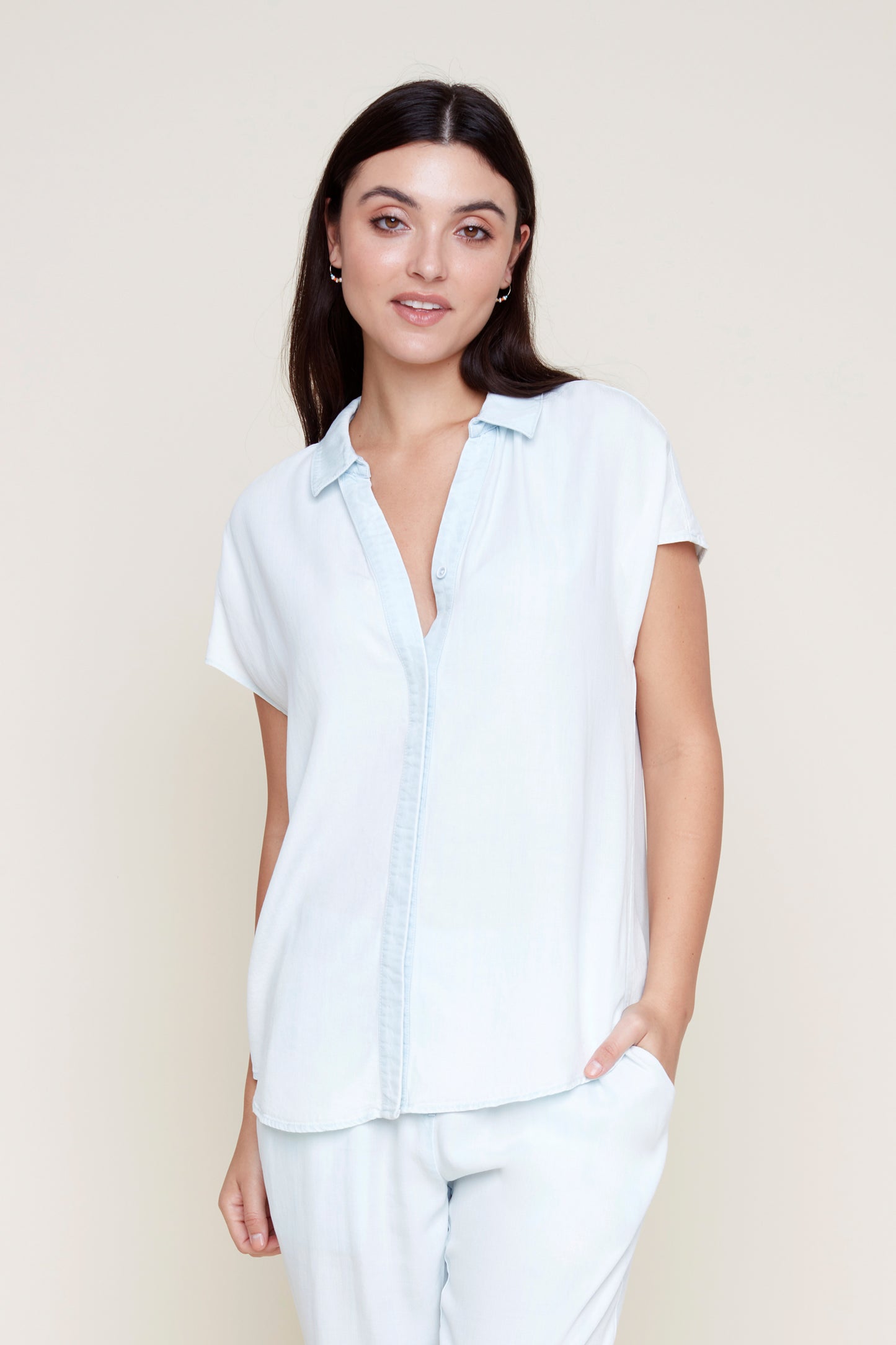 Short Sleeve Placket Front Top - Bleach Wash