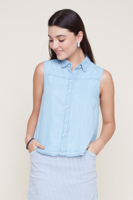 Cropped Tank with Buttons - Chambray