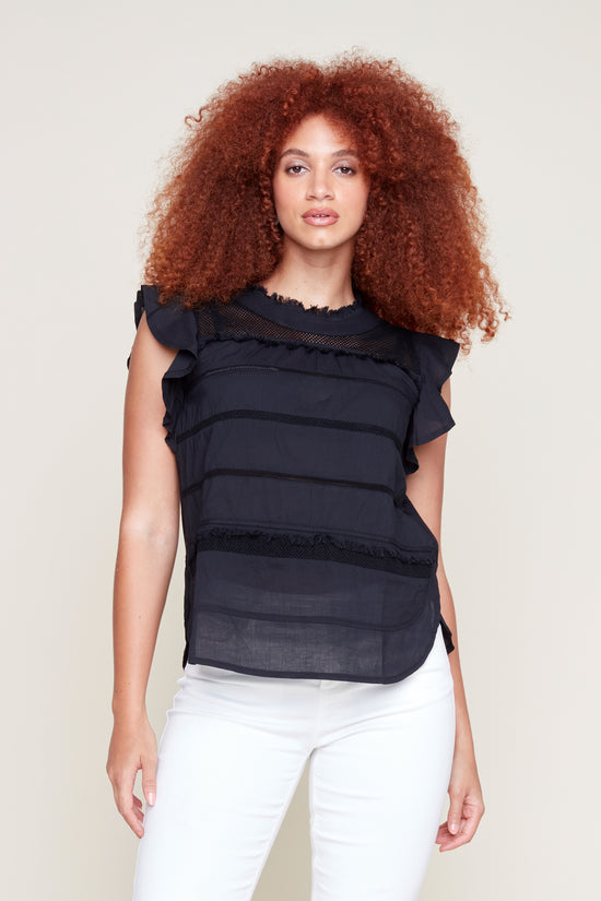 Ruffle Sleeve Top with Mesh Detail - Black