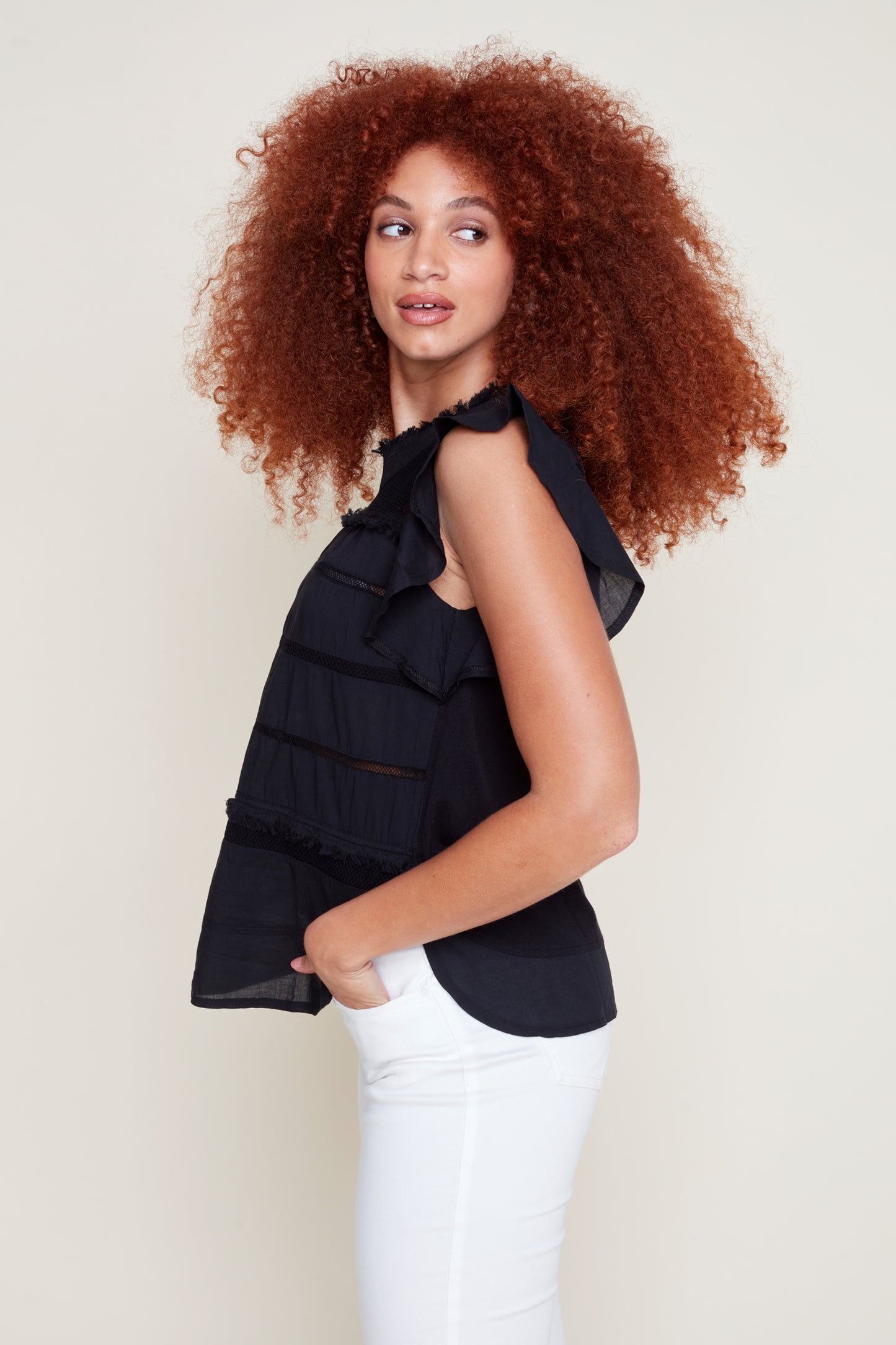 Ruffle Sleeve Top with Mesh Detail - Black