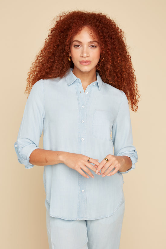 Button Down Top with Back Pleat - Chambray