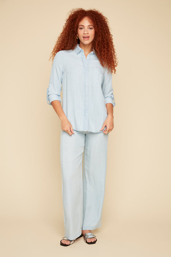 Button Down Top with Back Pleat - Chambray