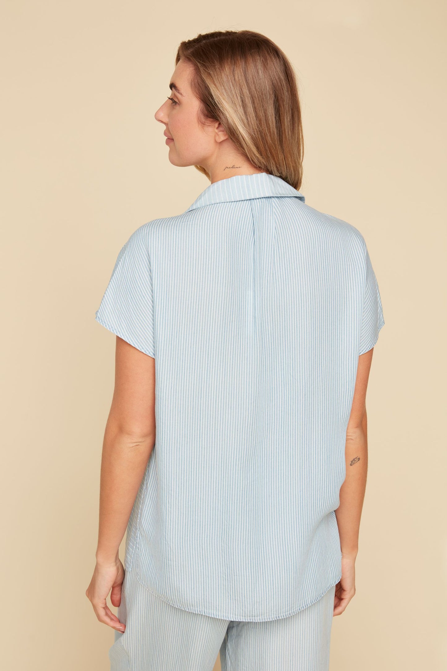 Short Sleeve Button Down Top with Stripes - Chambray