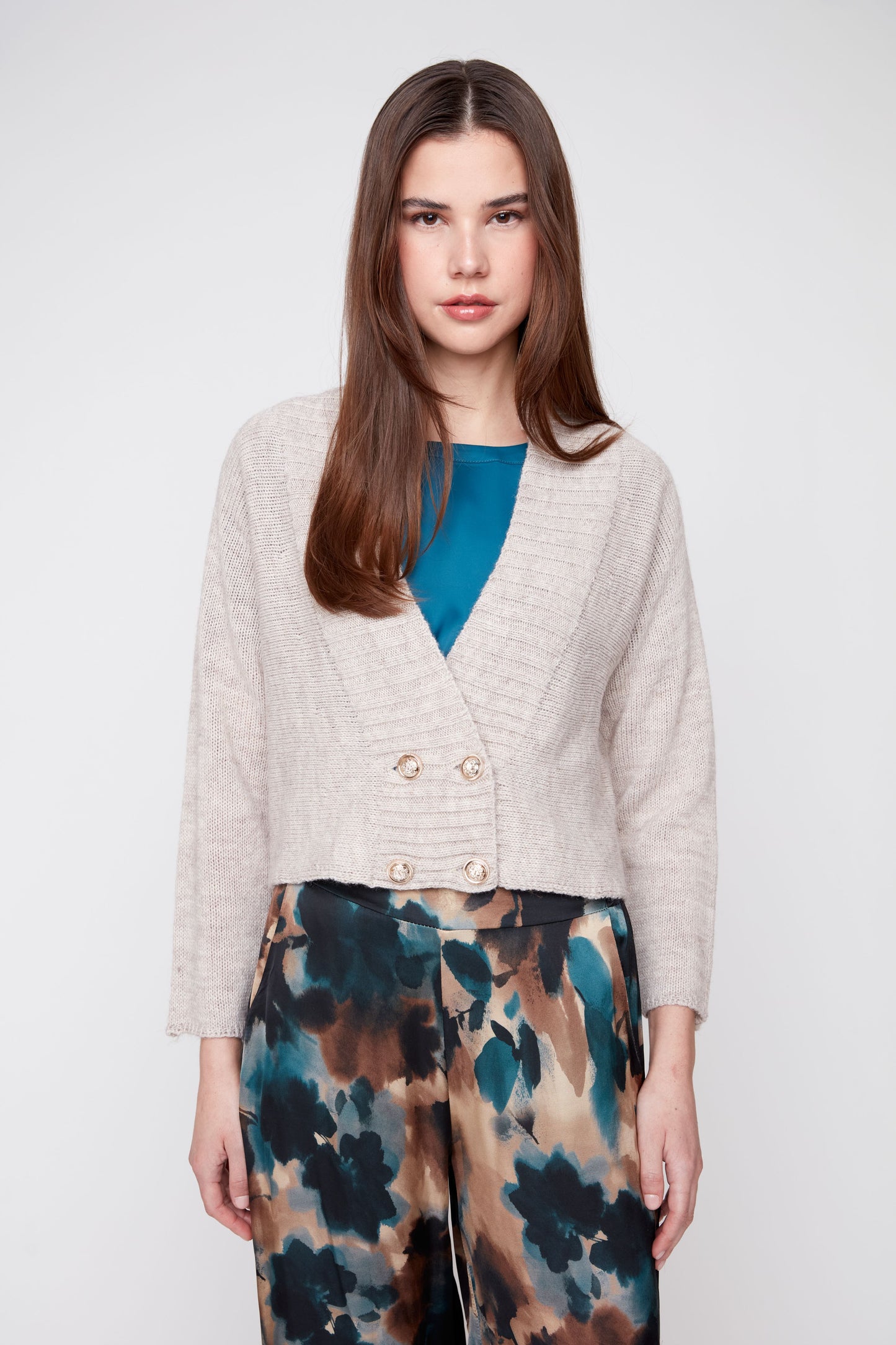 V-Neck Double-Breasted Cardigan - Oatmeal