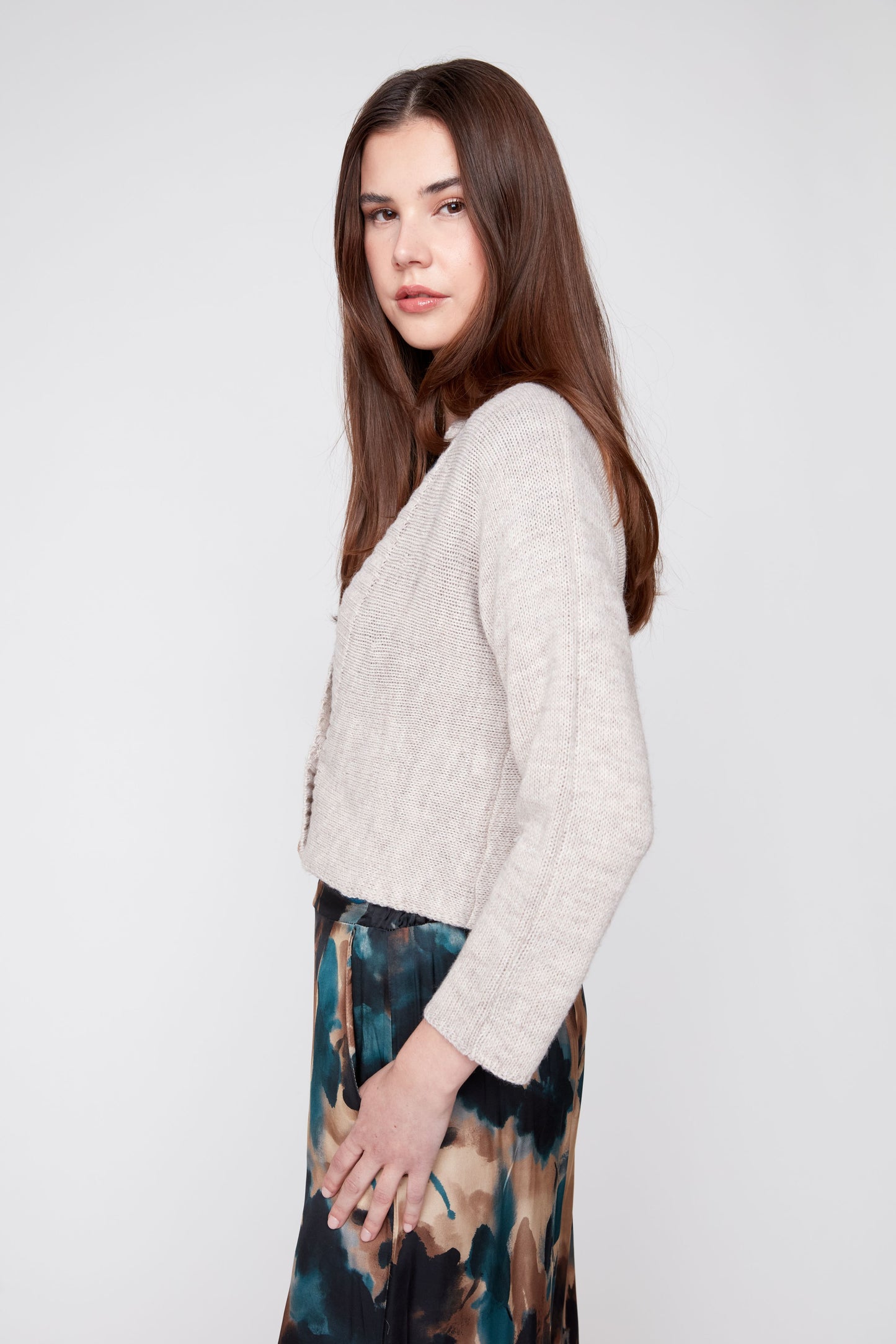 V-Neck Double-Breasted Cardigan - Oatmeal
