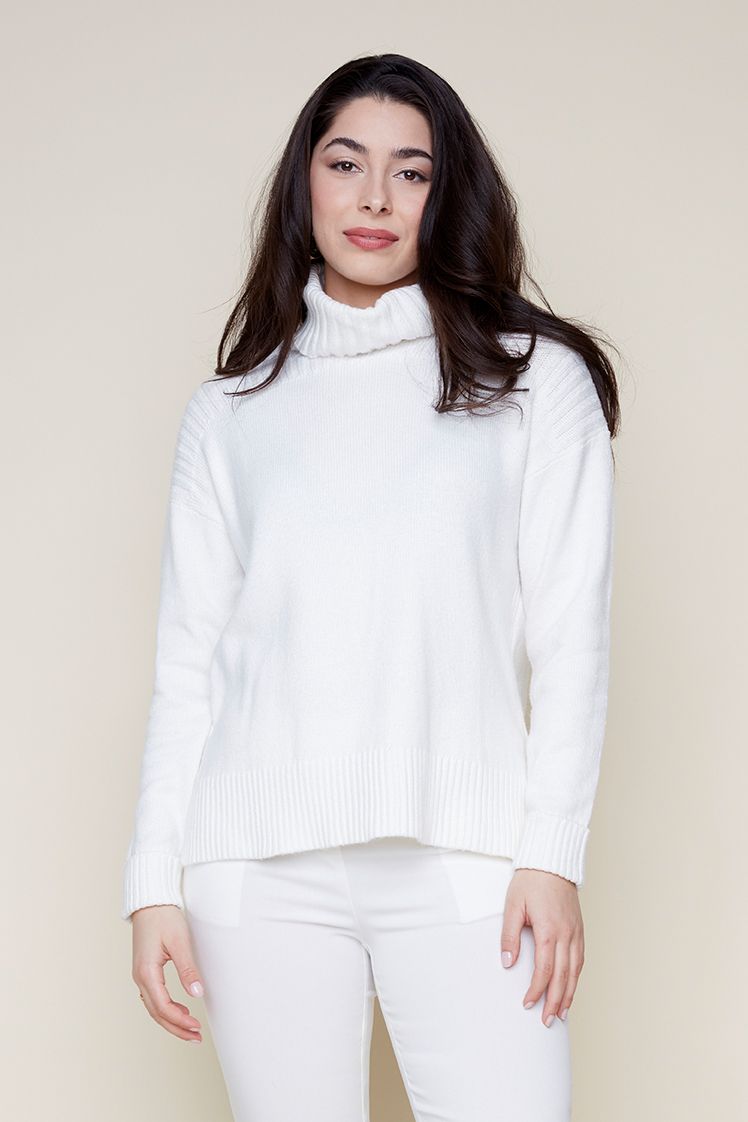 Turtleneck Sweater with Ribbed Shoulder Detail - Cream