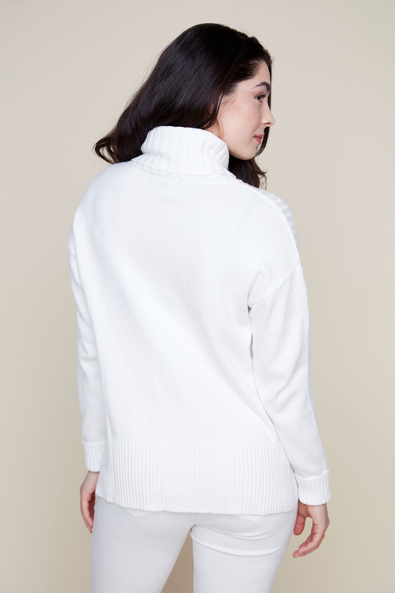 Turtleneck Sweater with Ribbed Shoulder Detail - Cream