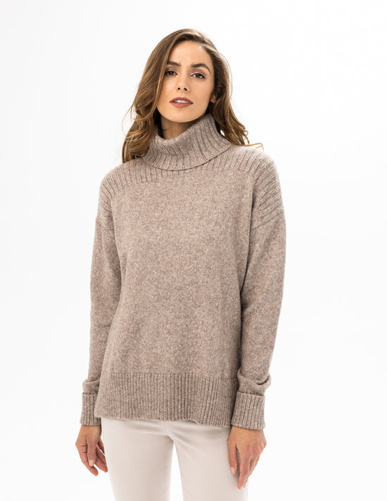 Turtleneck Sweater with Ribbed Shoulder Detail - Heather Brown Sugar