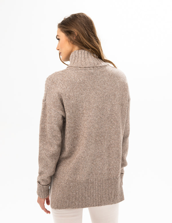 Turtleneck Sweater with Ribbed Shoulder Detail - Heather Brown Sugar