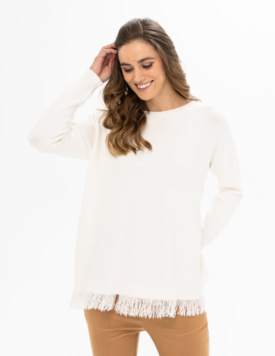 Pullover Sweater with Fringed Hem - Cream