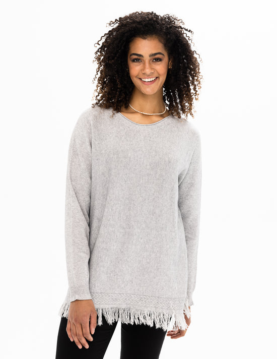 Pullover Sweater with Fringed Hem - Heather Grey