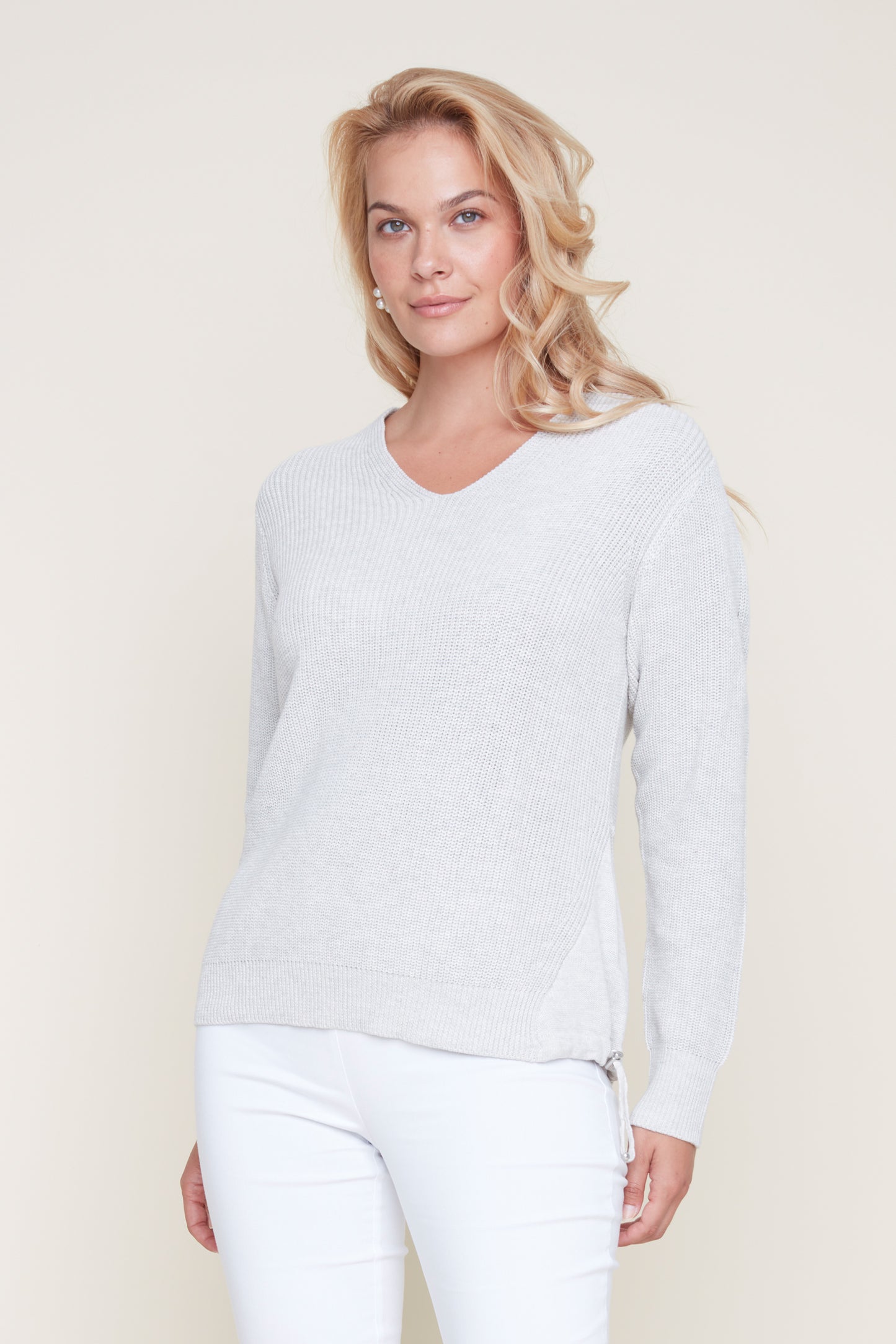 Load image into Gallery viewer, V-Neck Sweater with Side Tie - Heather Grey
