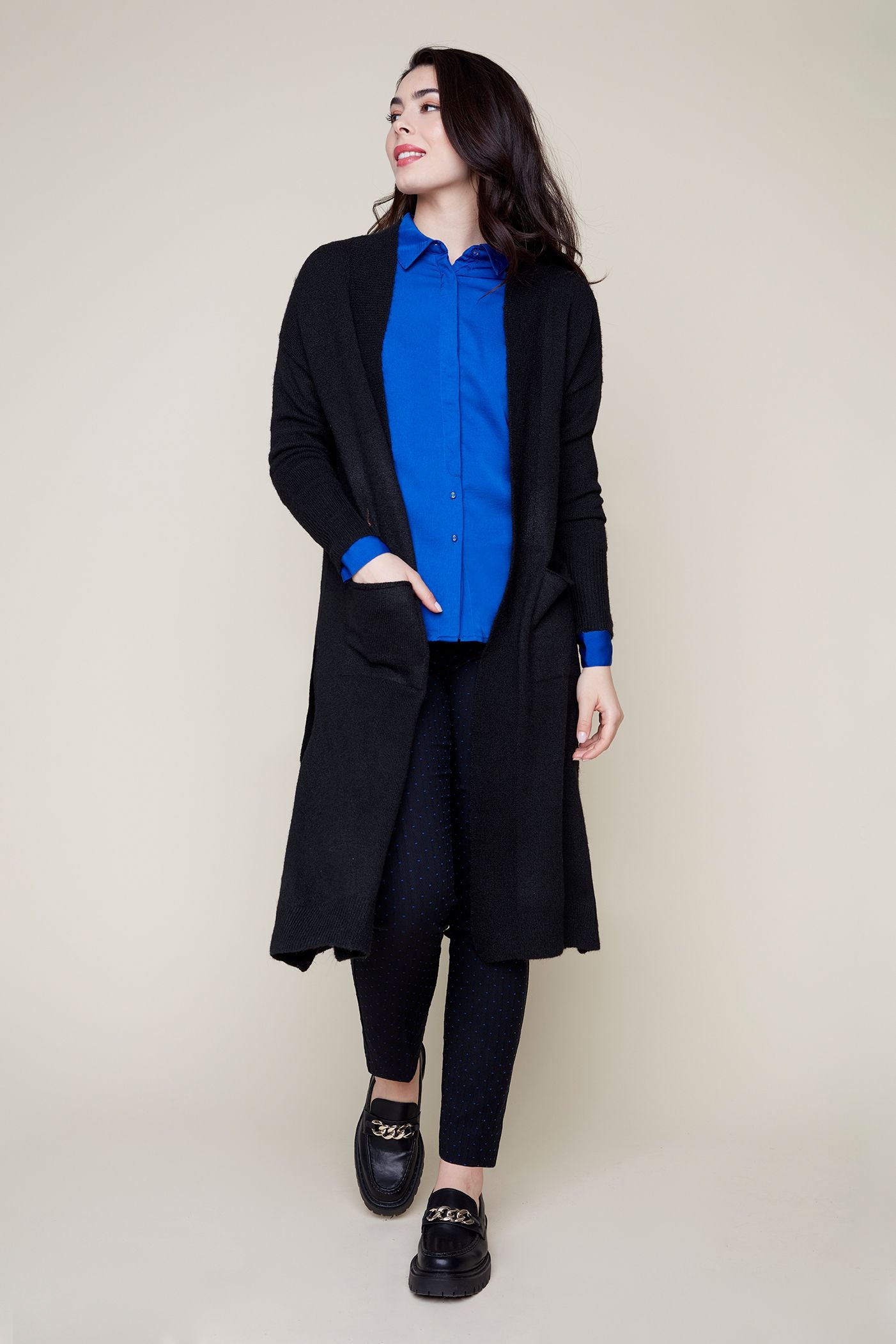 Long Open Cardigan Sweater with Patch Pockets - Black