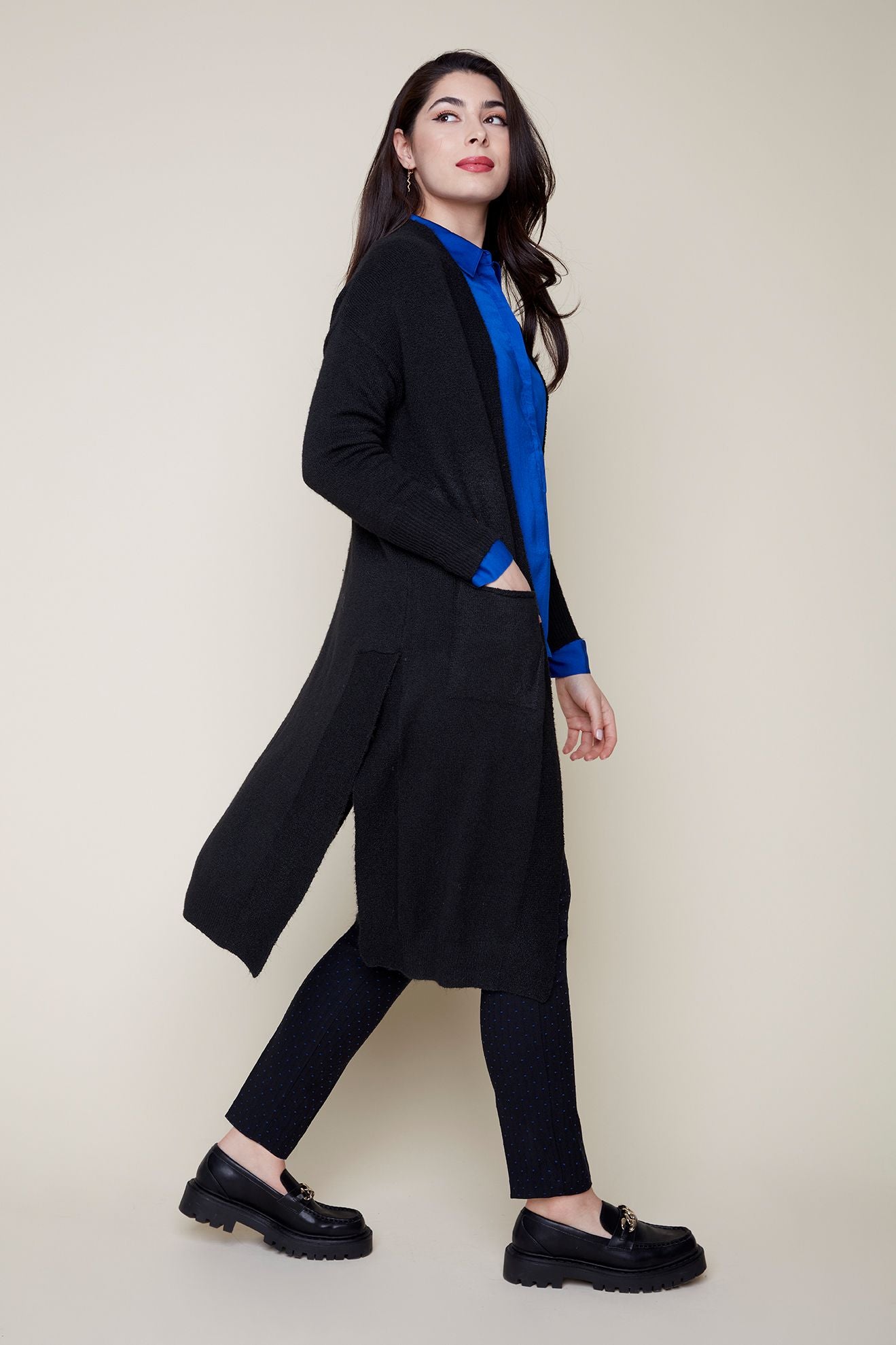 Long Open Cardigan Sweater with Patch Pockets - Black