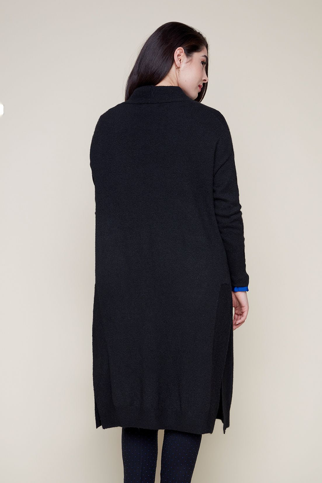 Long Open Cardigan Sweater with Patch Pockets - Black