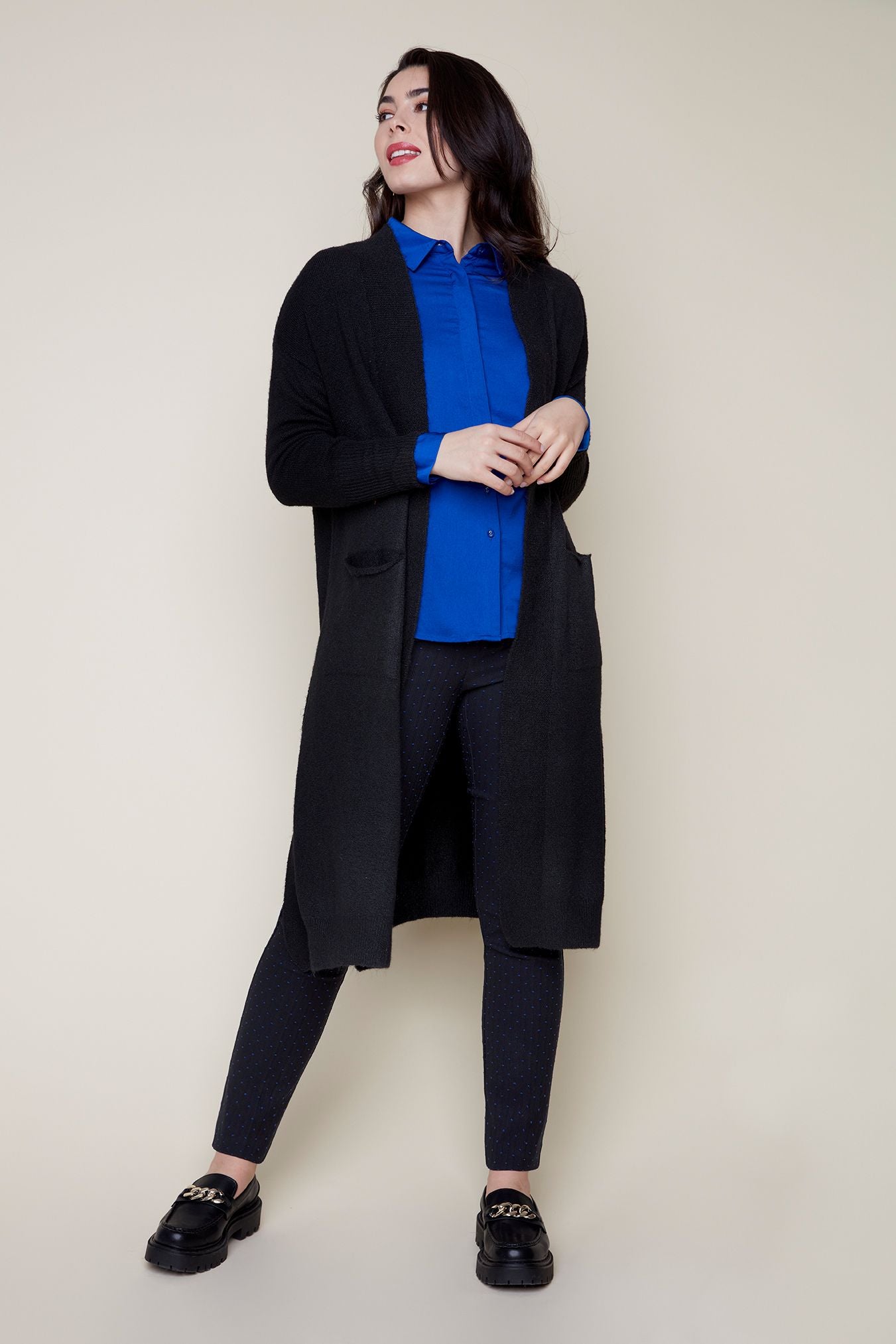 Long Open Cardigan Sweater with Patch Pockets - Black