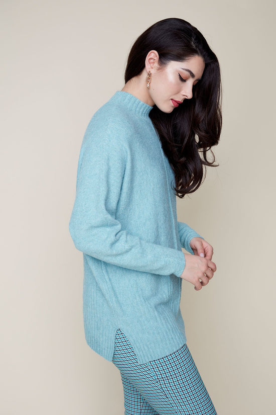 Long Sweater with Ribbed Hem - Heather Teal