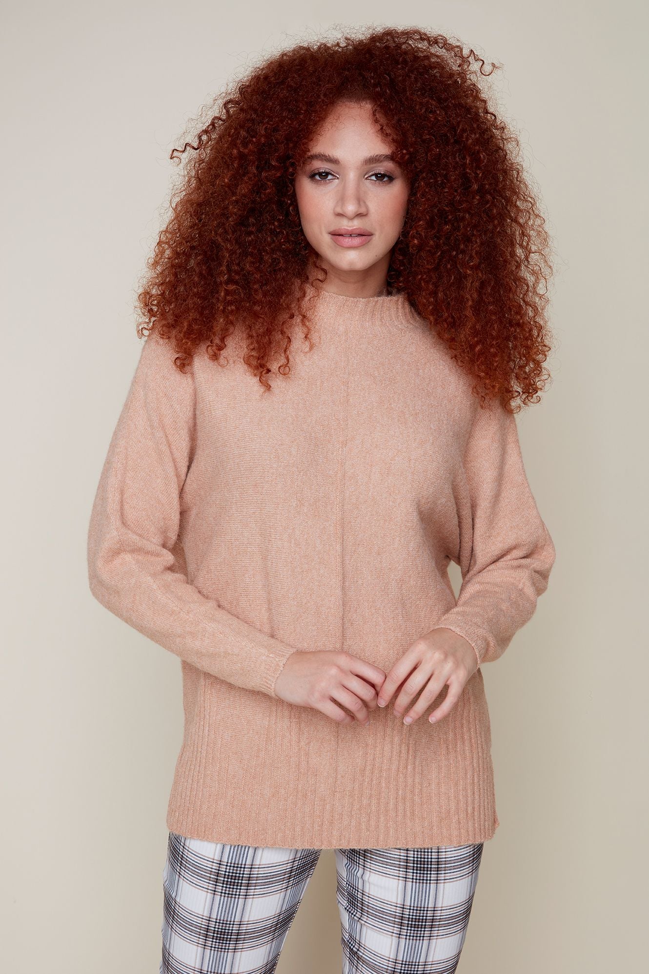 Long Sweater with Ribbed Hem - Heather Tan