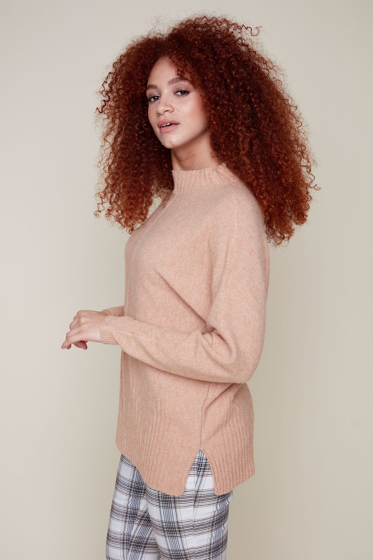 Long Sweater with Ribbed Hem - Heather Tan