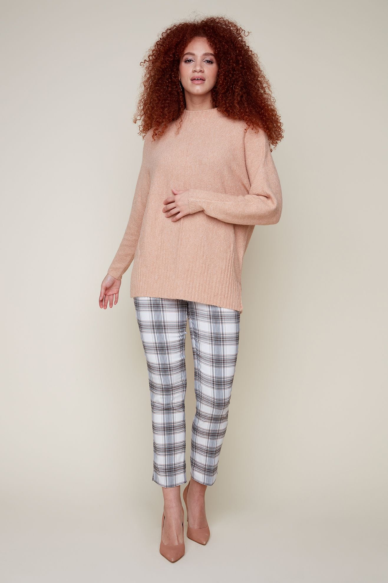 Long Sweater with Ribbed Hem - Heather Tan