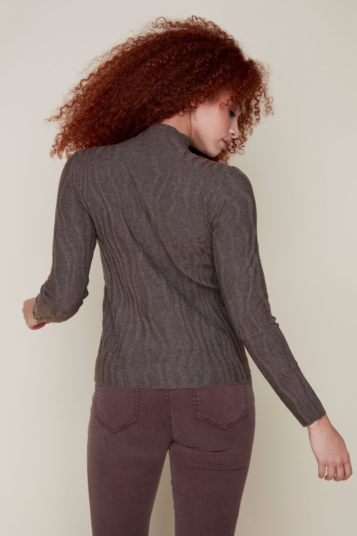 Long Sleeve Top with Vertical Texture - Heather Chocolate